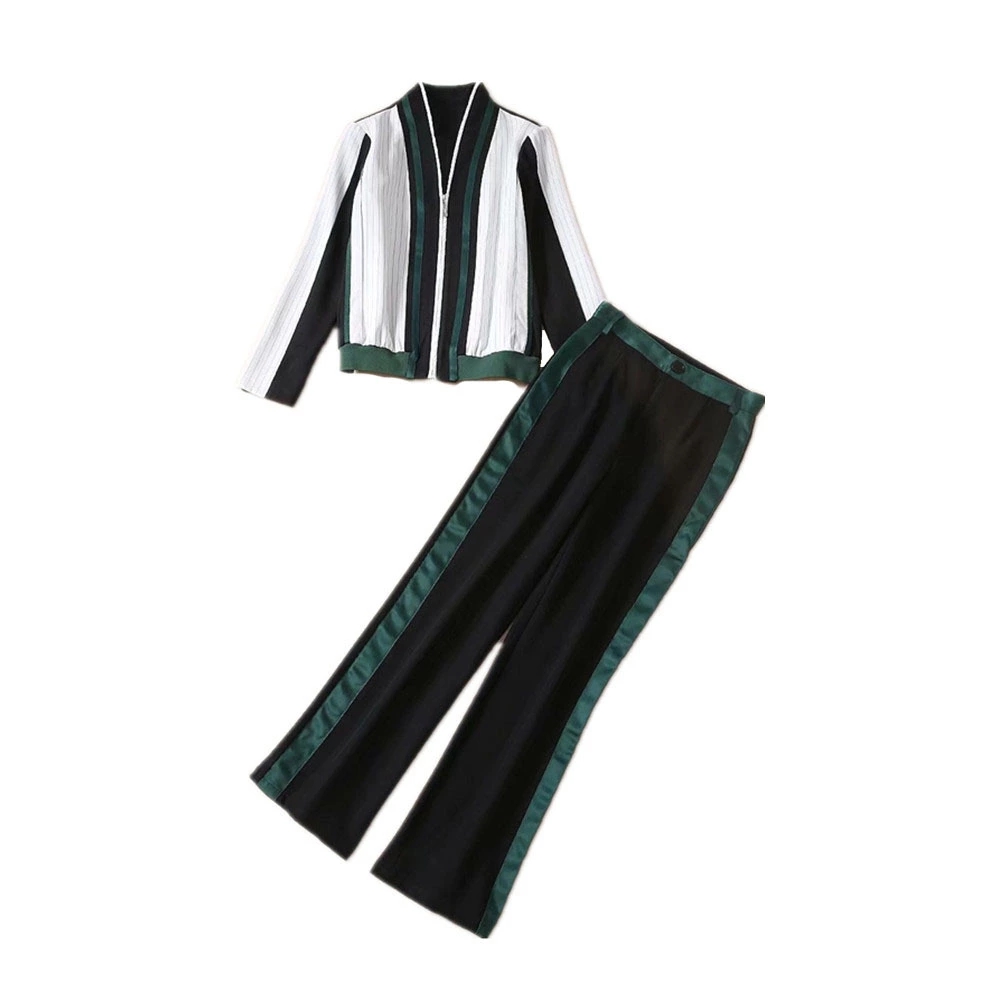 

2021 European and American stars with the same contrast color stitching V-neck zipper jacket + straight pants suit, Customize