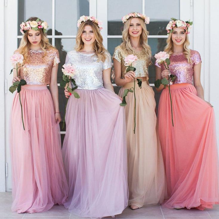 

Country Sequin Top Two Pieces Bridesmaid Dresses 2020 Short Sleeves A Line Soft Tulle Plus Size Beach Maid Of Honor Evening Gowns