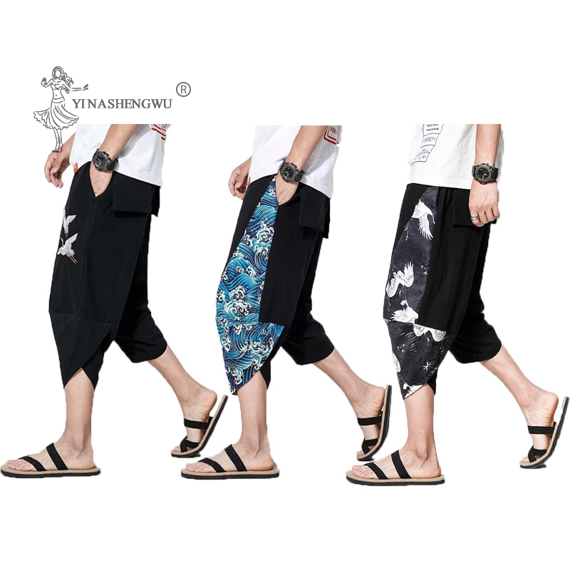

New Kimono Pants Japanese Casual Loose Samurai Print Trouser Japan Men Yukata Style Harajuku Cardigan Traditional Asian Costume