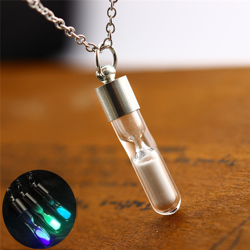 

Glow In The Dark Geometric Glass Pendant Necklace Silver Chain Drift Bottle Luminous Jewelry For Women Gifts