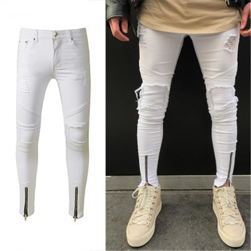

2020 new men's cool designer brand white jeans skinny ragged stretch slim fit fit hip hop fold zipper oversized jeans streetwear, 1839-1