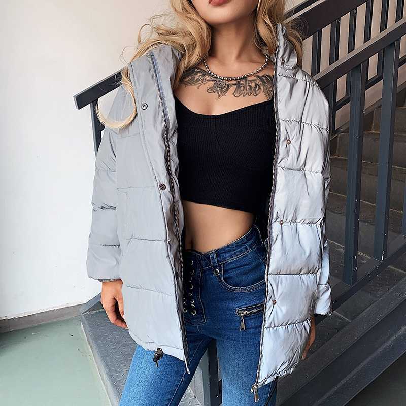 

Winter Fashion Reflective Warm long Coat Womens top Jacket2020 club party Shining loose Outerwear mujer spring Parka Coat, Silver