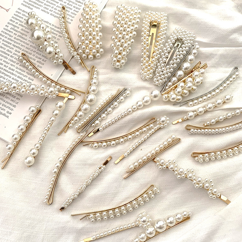 

fashion Pearl hairpin Rhinestone one word clip Hand woven Beaded clip with pearl bow hair clip Woman Girls Hair Accession F055
