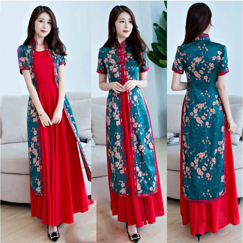 

Elegant vietnam style womens Ao Dai robe vintage pattern traditional costume Improved long modern Cheongsam casual dress, Red