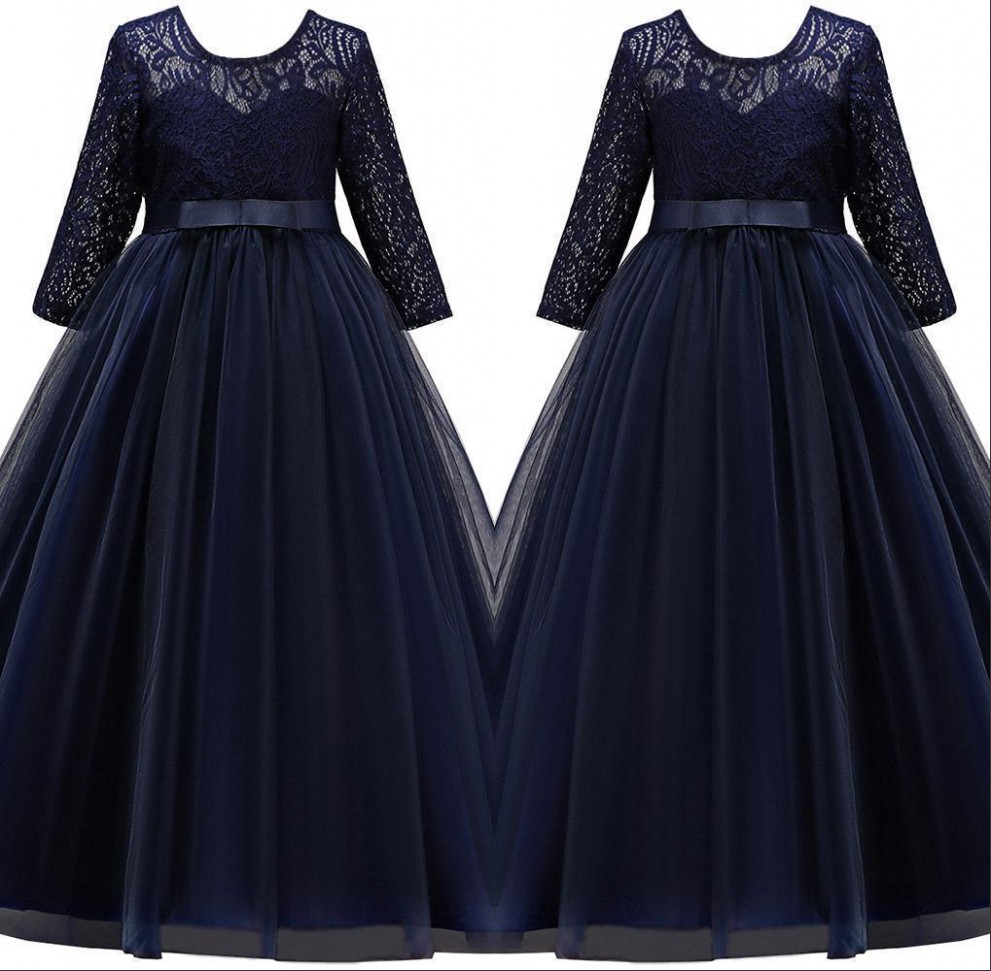 

Elegant Lace A Line Flower Girl Dresses 2019 Long Sleeves Tulle Bow Sash Floor Length Girls ' Birthday Party Princess Dresses Cheap MC1966, Red