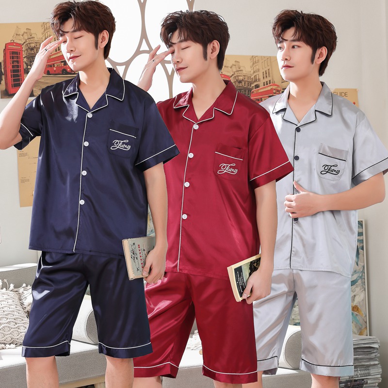 

2019 Hot Summer Silk Satin Pajamas Sets for Men Short Sleeve Sleepwear Pyjama Male Comfortable Homewear Lounge Wear Home Clothes, Blue