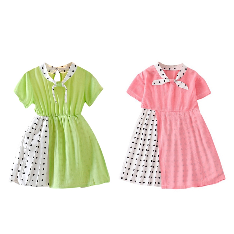

High Quality Girls Summer Casual Style Solid Color Dot Embellishment Skirt Parent-child Stitching Dress, Pink