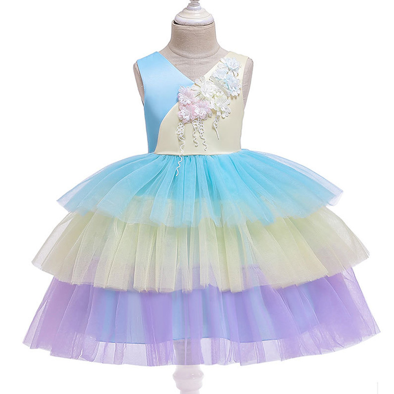 

2020 girl color matching cake princess dress girl sleeveless flower dress show costume clothes, Blue