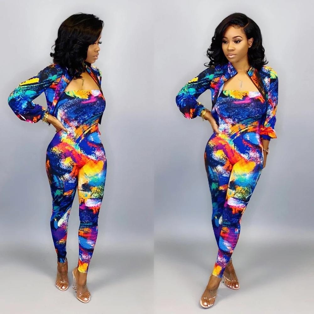 

Autumn Casual Women Two Pieces Long Sleeve Zipper Short Coat And Strapless Sexy Jumpsuit Two Pieces Fashion Printed Women Sets, 03-1214