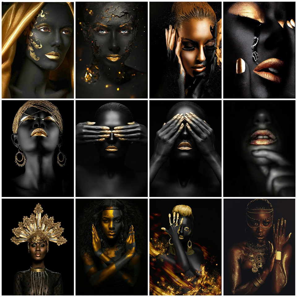 

AZQSD DIY Paint By Number Black Gold African Woman Oil Painting On Canvas Wall Picture For Living Room Modern Handmade Gift