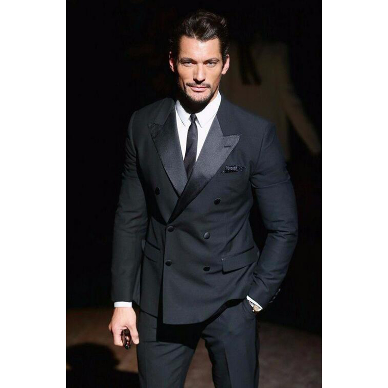 

Latest Design Black Men Suits Double Breasted Mens Suits wedding Groom Tuxedos Peaked Lapel Groomsmen party dress