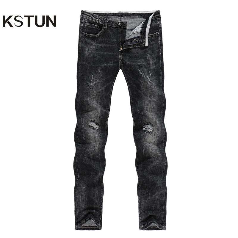 

KSTUN Winter Jeans Men Black Jeans Stretch Slim Straight Ripped Hip Hop Distressed Men High Street Frayed Cowboys, Picutre color