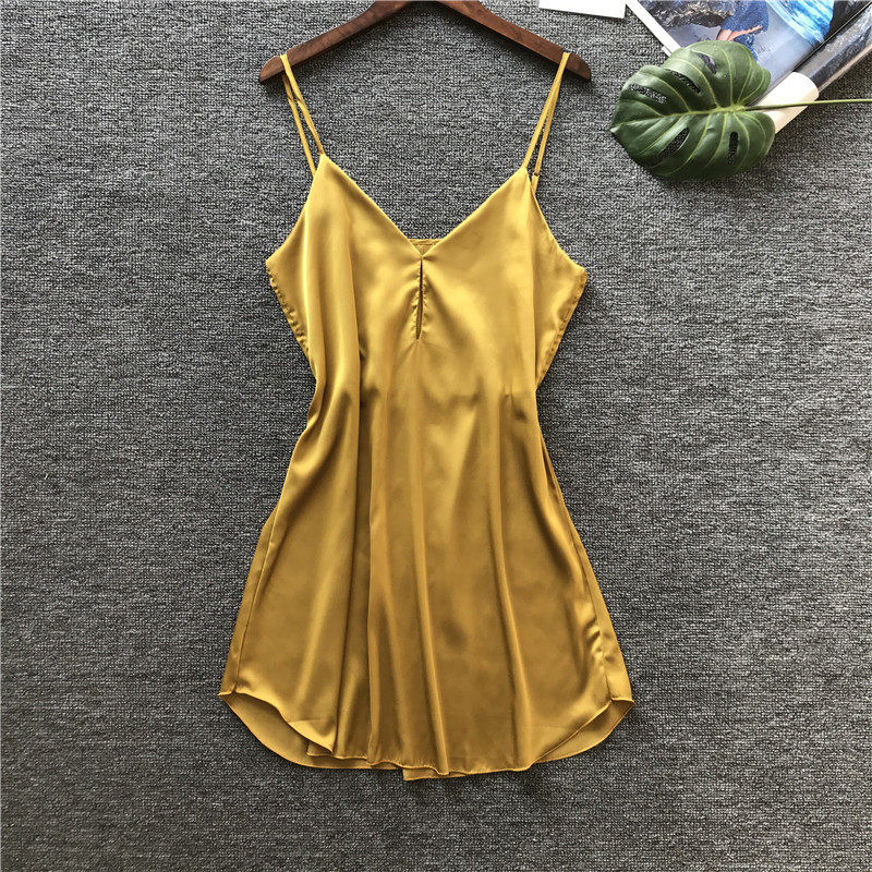 

New Pattern Spring Spring Women Nightdress Spaghetti Strap Camisole Woman Sexy Lingerie Imitate Real Silk Night Skirt, Black