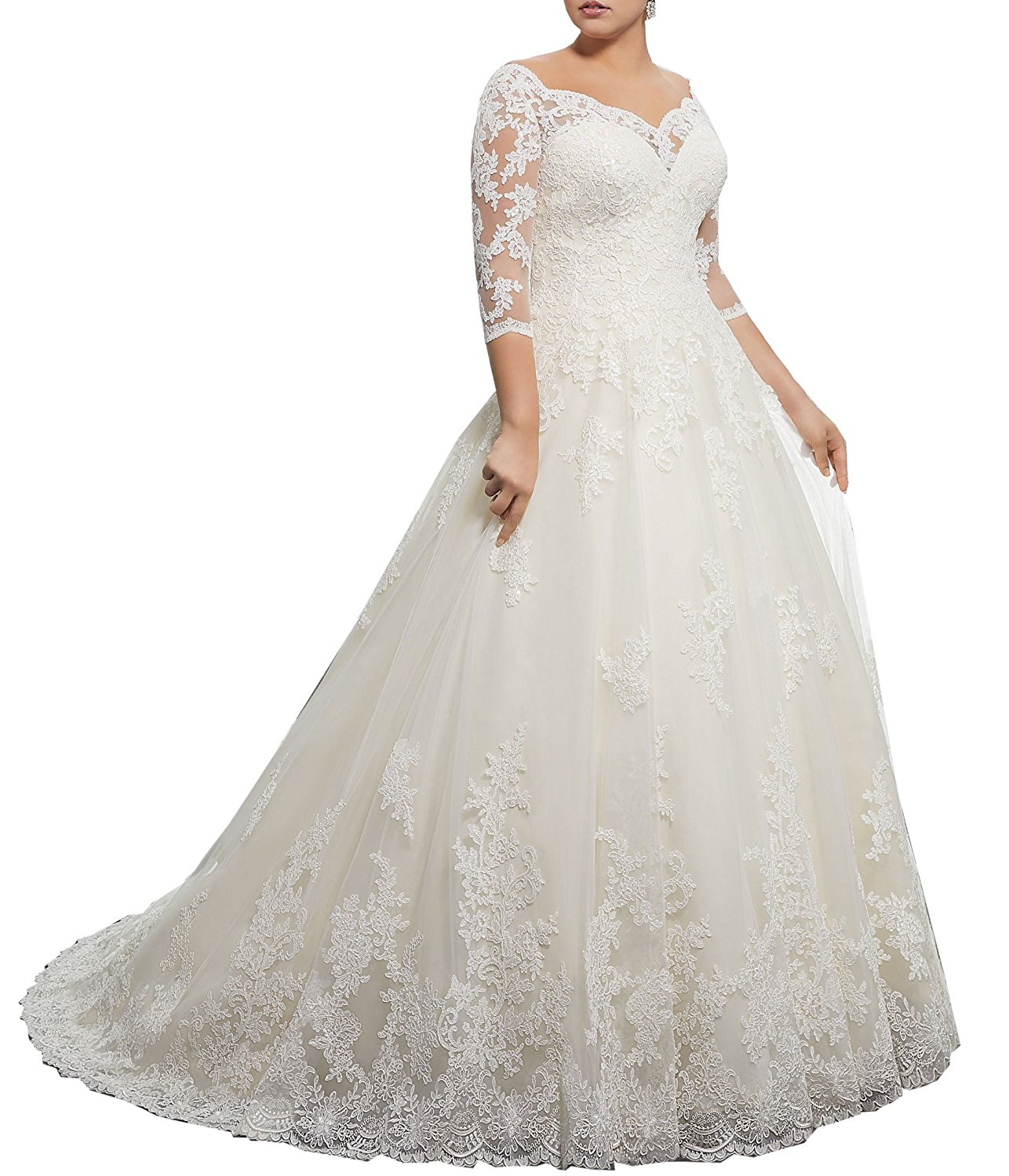 

Stunning Lace Plus Size Wedding Dresses Winter with 3/4 Long Sleeve V Neck Appliques Custom Arabic Formal Bridal Gown, Same as image
