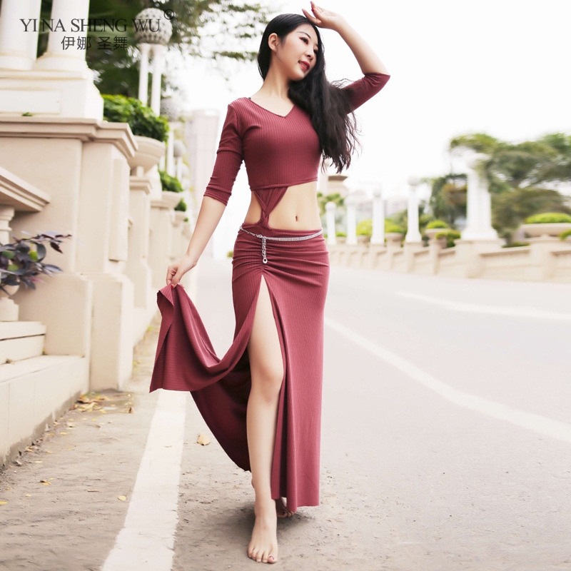 

Women Sexy Cut out V-neck Long Dress Bellydance Practice Costume 2pcs Top Skirt Beginner Oriental Dancing Training Outfit, 2pcs set