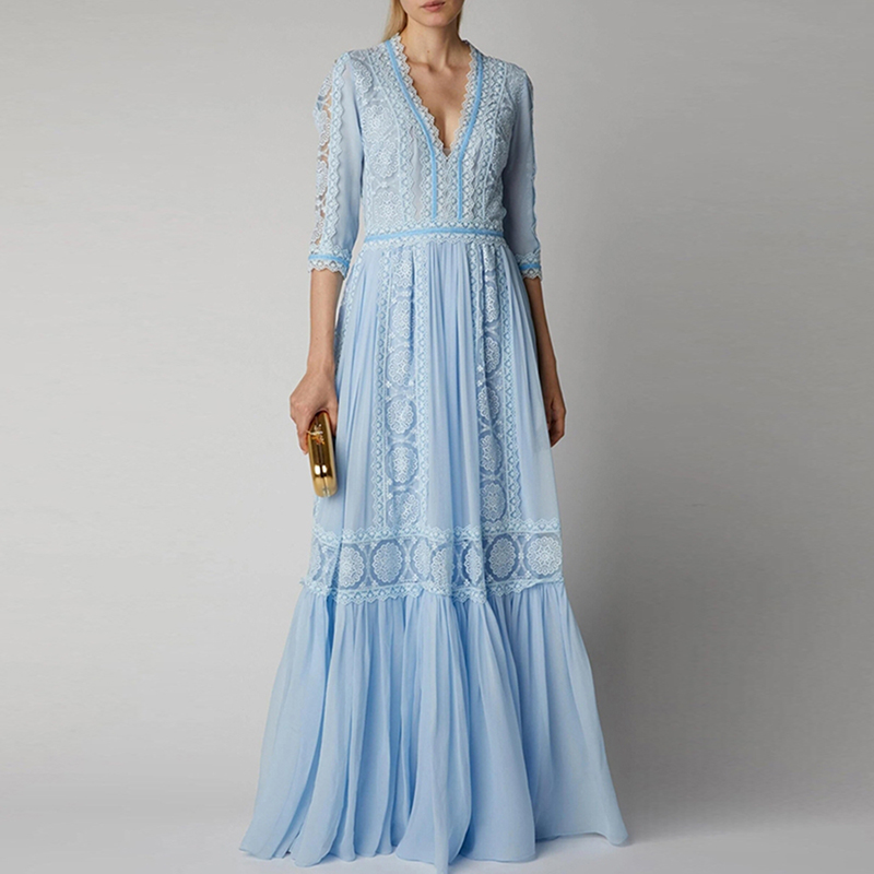 

Gedivoen Fashion Runway Spring Dress Women Solid V Neck Appliques Patchwork Draped Chiffon Dress Party Female Midi Dresses, Blue