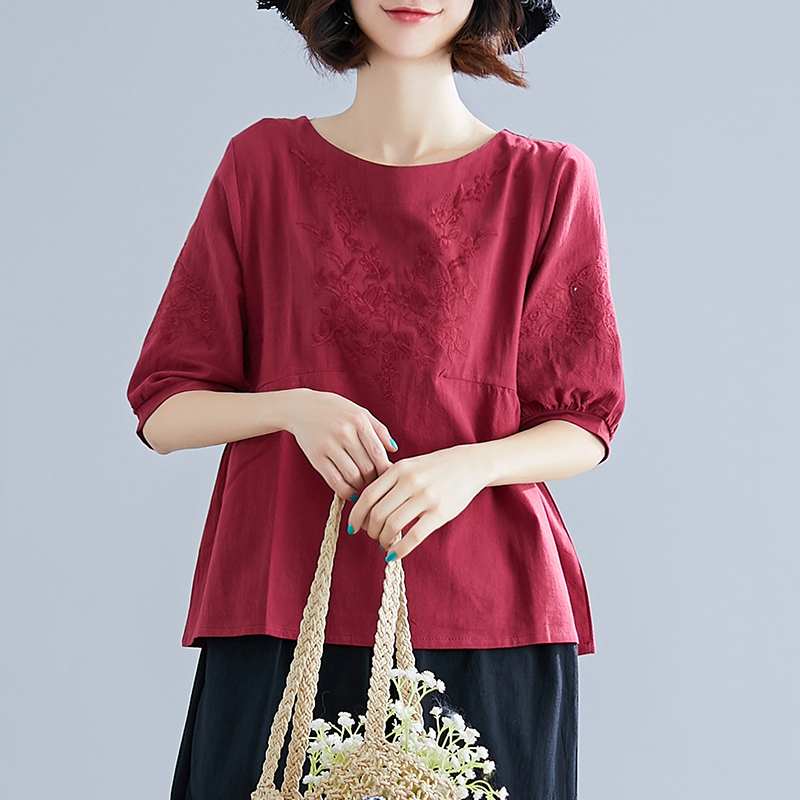 

Women Blouse Solid Color Embroidery Short-Sleeve O-neck Female Clothes Cotton Linen Loose Casual Women Tops, Green