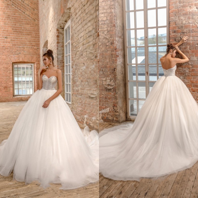 

ball gown wedding dress strapless sleeveless applique crystal sequins wedding dress sweep train bride gowns, White