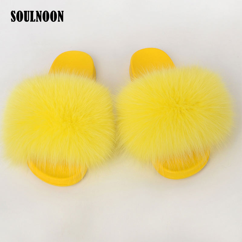 

Women's Luxury Slides Summer Fur Slippers Sandals Real Fur Flip Flops Soft Bottom Flat Home Slippers Yellow Pink Plush Shoes