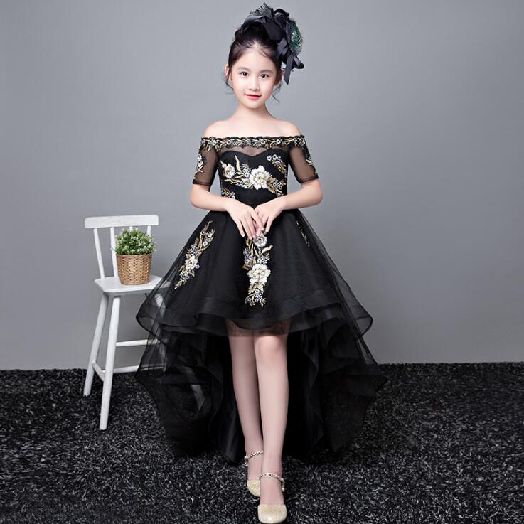 Children's Birthday Dresses New Winter Style Girl's Noble Fashion Show Black Tail Model Princess Skirt free shipping-image-438033024