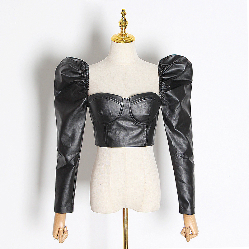 

2020 Pink Sexy Black Vintage Short Backless Women's Blouse Square Collar Puff Long Sleeve Tunic Shirts Female Fashion Clothing Tide, Same as picture