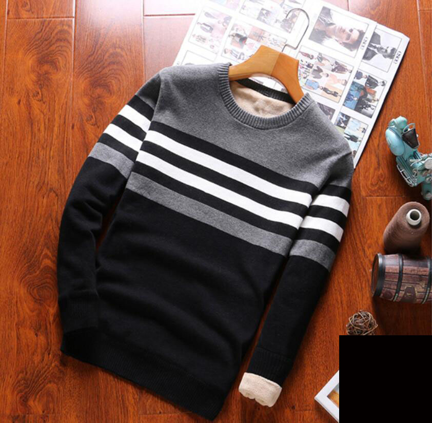 Men's Plus Velvet Sweater Autumn and Winter Plus Velvet Slim Round Neck Striped Bottoming Sweater Korean Sweater for Men
