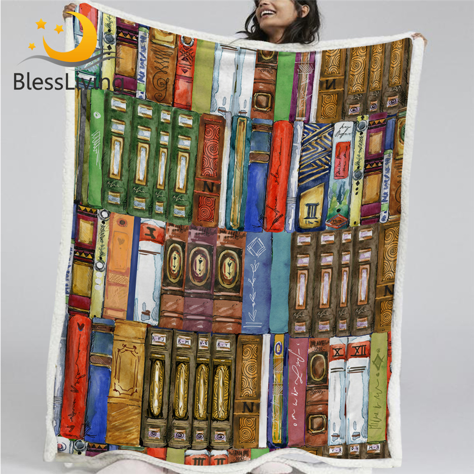 

BlessLiving Books Printed Furry Blanket Watercolor Custom Blanket Colorful Sherpa Fleece Modern Throw Cobertor
