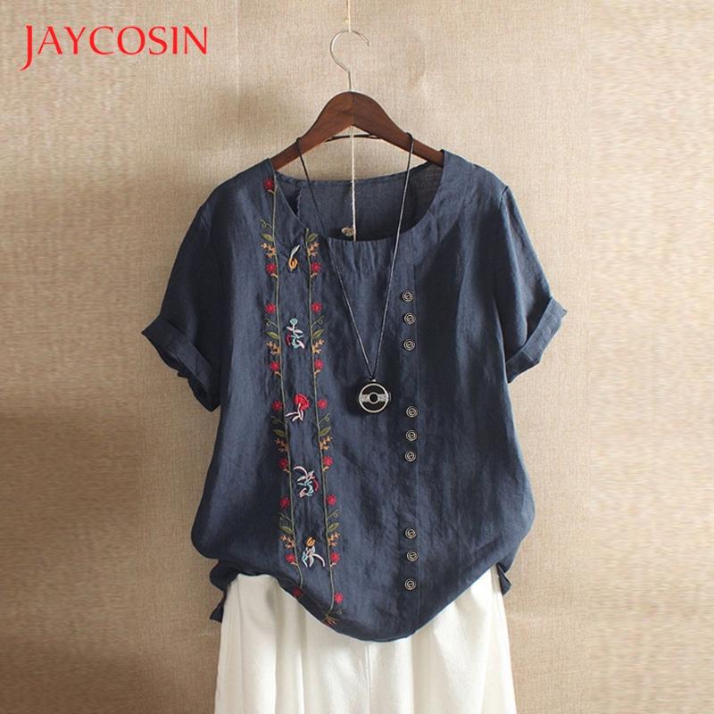 

JAYCOSIN Boho T Shirt Women Vintage Embroidered Floral Loose Cotton Linen harajuku Shirt Summer Short Sleeves Ladies Tops Blusas, Gn