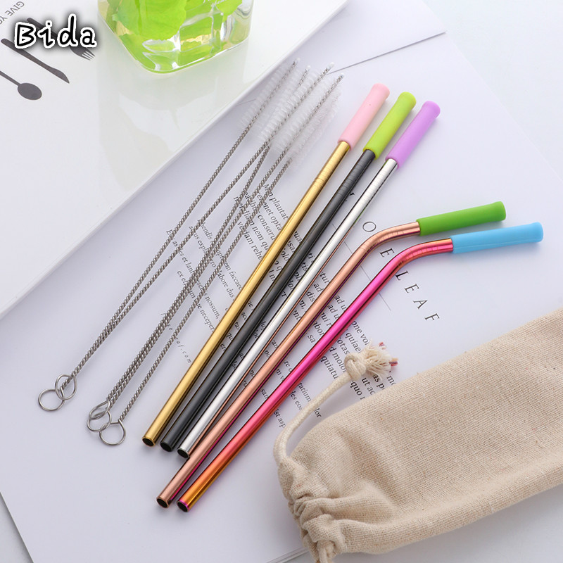 

1 Set 6mm Stainless Steel Reusable Straw with Anti-Scalding Silicone Sleeve and Cleaner Brush Storage Bag Bar Accessories