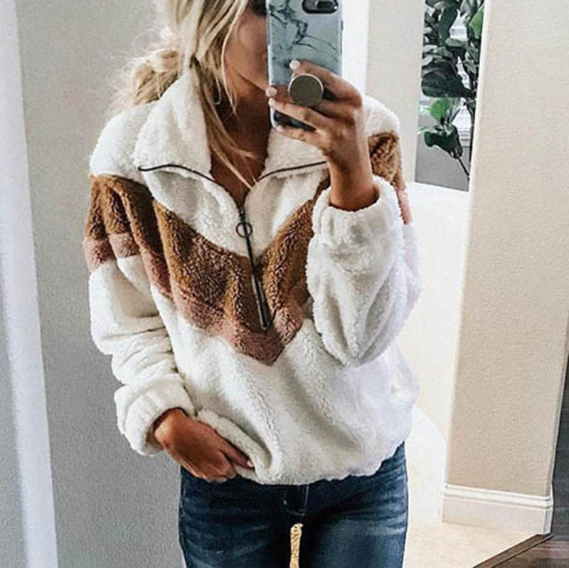 

Fleece Oversized Hoodies Women 2019 New Patchwork Zip Plus Size Casual Faux Sweatshirt Female Pullovers Teddy Coat, Black