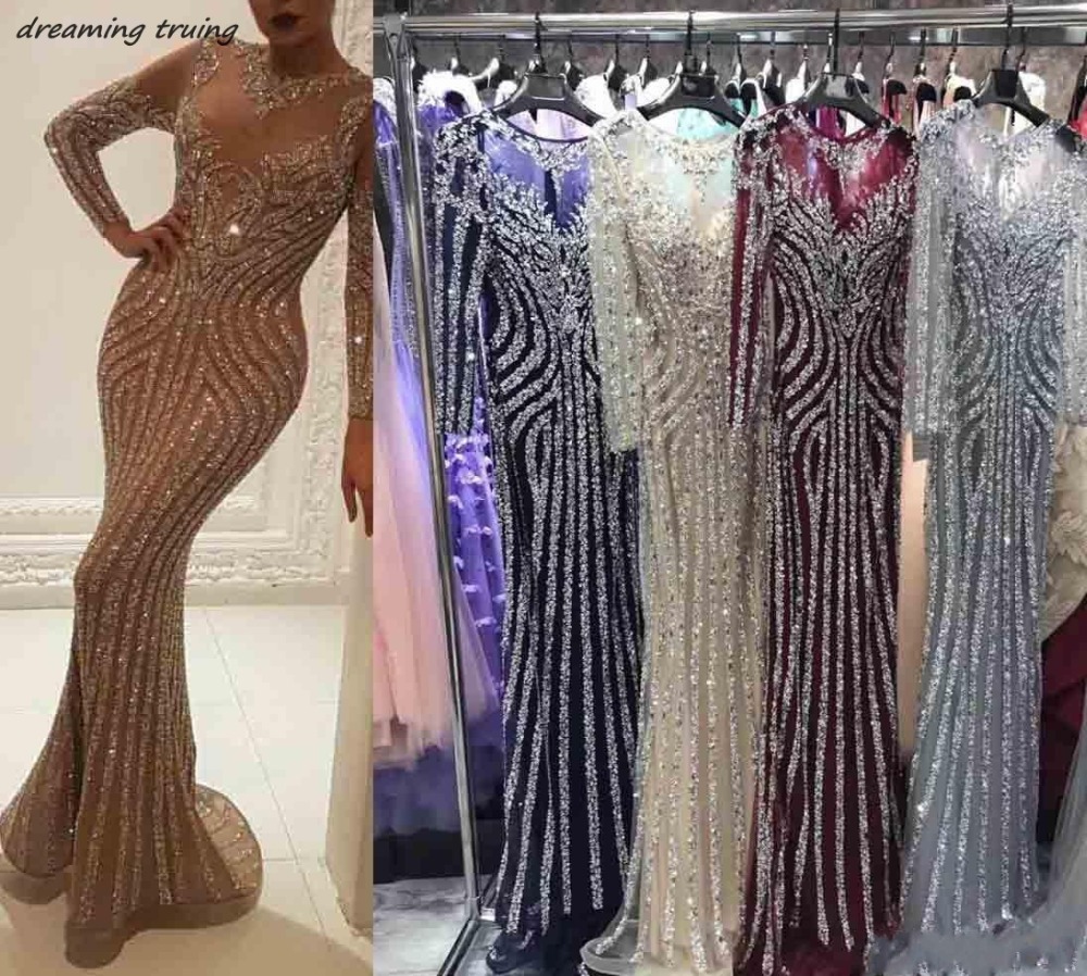 

Luxury Bling Bling Beaded Long Mermaid Prom Dresses Hot Sale Long Sleeve O Neck Saudi Arabia Women Evening Gown 2019 Vintage, White