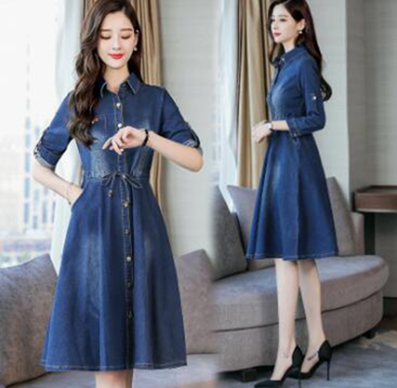 

Wholesale women's autumn and winter women's new waist slimming popular French retro Hong Kong style A-line skirt denim dress, Photo color