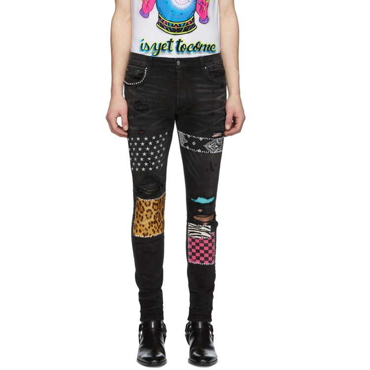 

hot top quality Black rivet patch print knee holes Jeans SLP miri Slim Motorcycle Denim pants Fashion Designer Hip Hop Mens Jeans HQ25, Blue