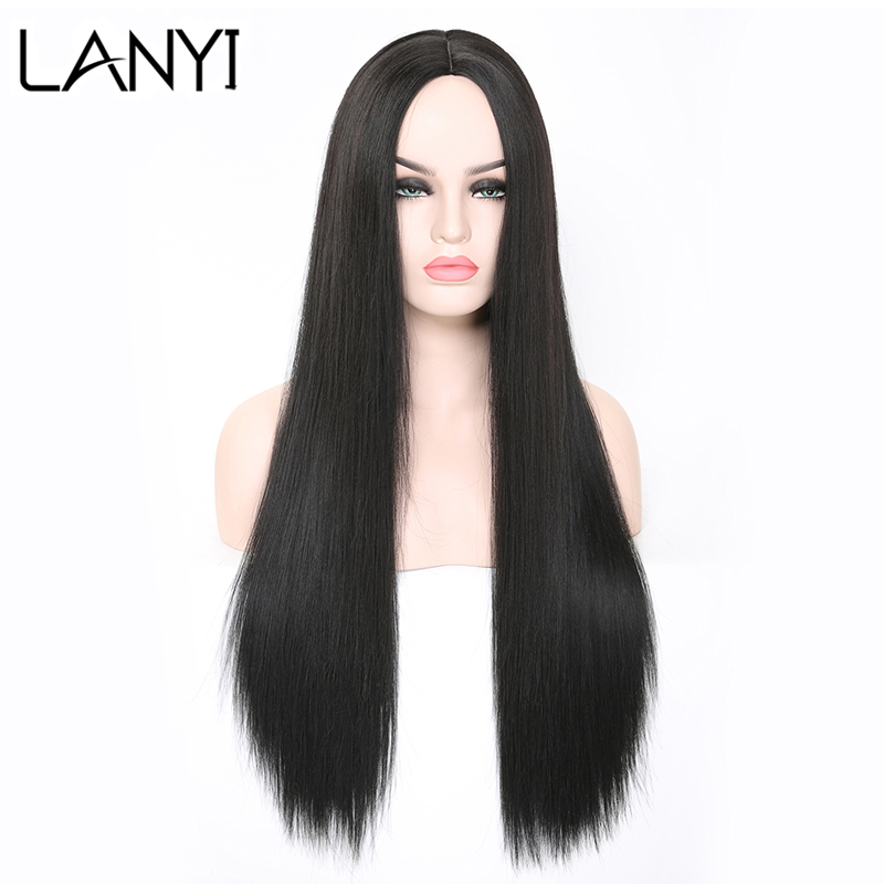 

LANYI Black Long Straight Hair Wig Middle Part Synthetic Hair Wigs for Women Heat Resistant Cosplay Wigs Ombre 2 Tone Colors, T1b-27