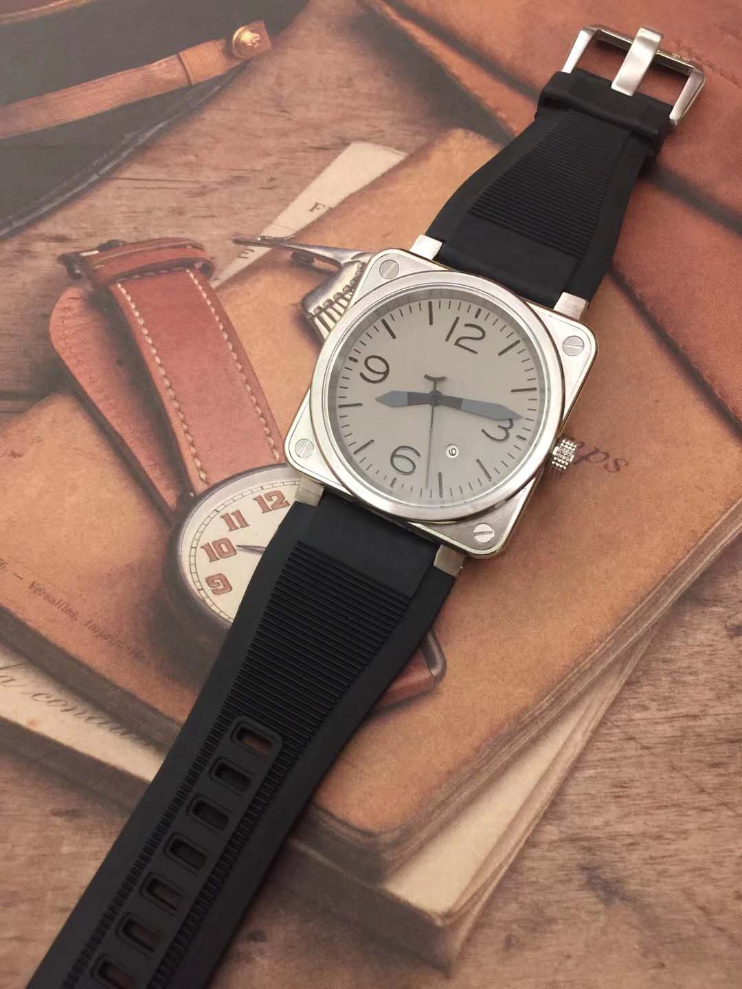 

Hot Outdoor Special Style Square Silver Case Simple Mens Automatic Mechanical Grey Dial Men Wristwatches With Wide Black Rubber Strap