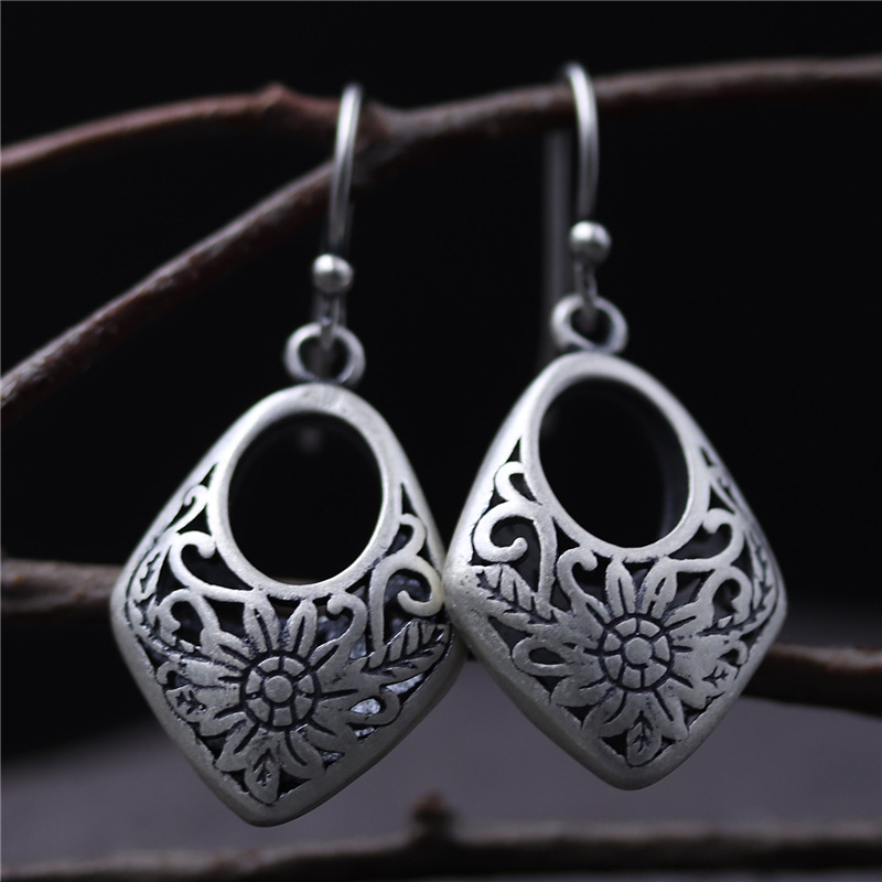 

925 Sterling Silver Double Sides Hollow Out Sunflower Women Earring High Quality S925 Silver Antique Classic Ear Hook Eardrop