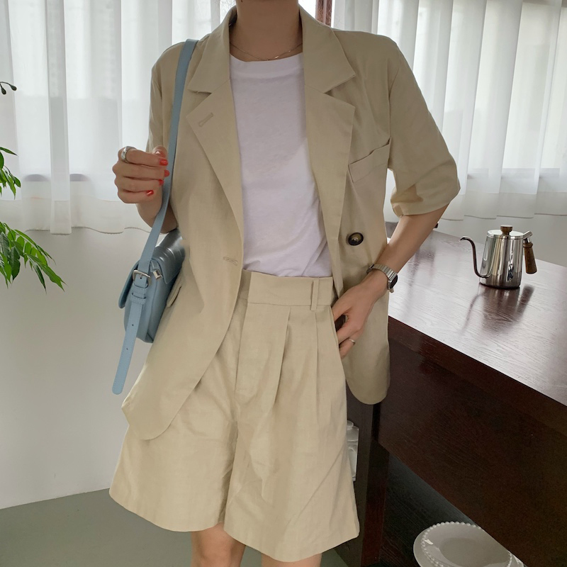 

Women Summer Women Pants Suit Cotton Linen Blazer Tops + Casual Shorts Pants 2020 New Office Lady Work Suits Two-piece Sets, Army green