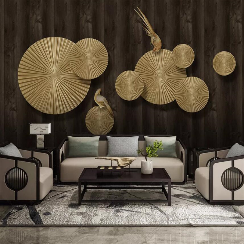 

Custom wallpaper new Chinese abstract 3D murals embossed golden wind wheel magpie restaurant background wall paper papier peint, As pic