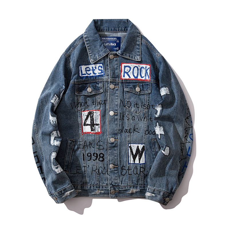 

Korean Men Denim Jacket Harajuku Streetwear Hip Hop Graffiti Jackets and Coats Male Women 2019 Couple Loose Denim Jean Jackets, Blue