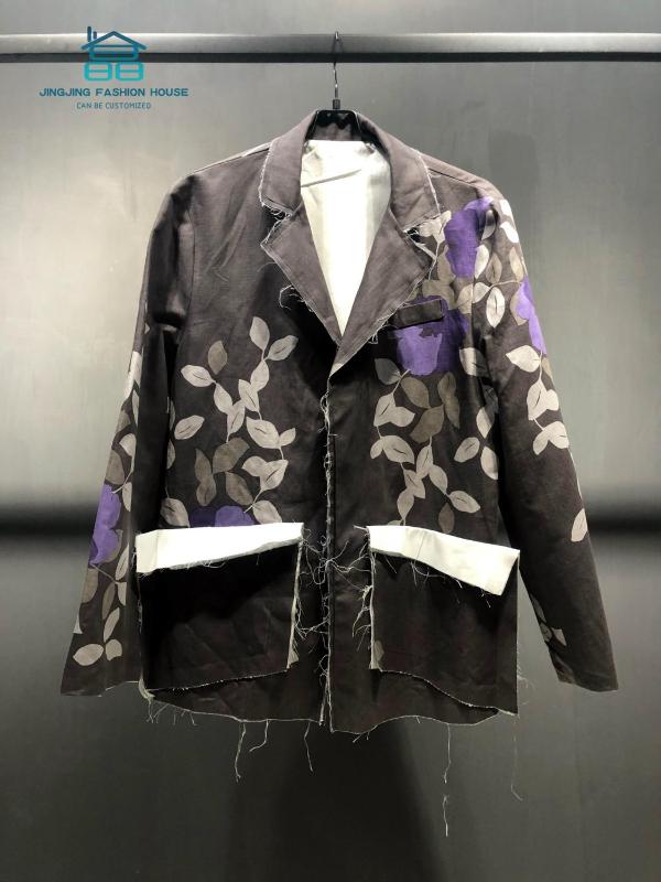 

Ash 2020 linen short-sleeved printed flower twigs with unbuttoned edges for men and women in loose-fitting suits, Black