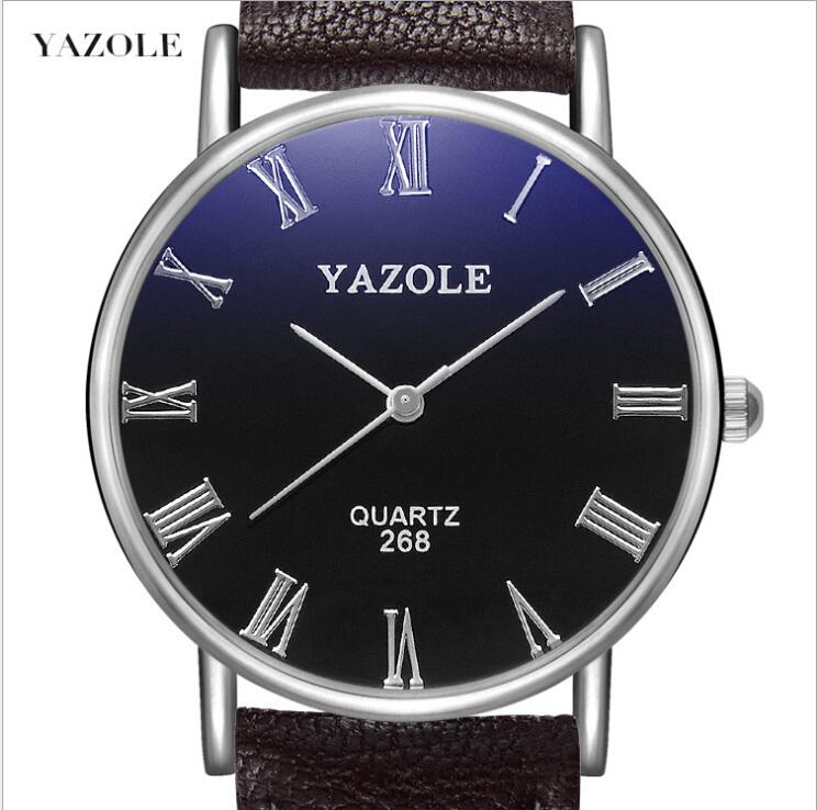 

YAZOLE 268 New Brown Men Watch Fashion Faux Leather Mens Roman Numerals Quartz Analog Watch Casual Male Business Watches, Customize