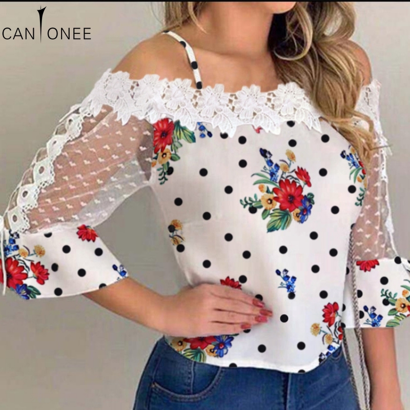 

CANTONEE Blouses Women 2020 Elegant Stylish Female Basic Casual Shirts Cold Shoulder Transparent Mesh Dots Floral Print Tops T63, Camel