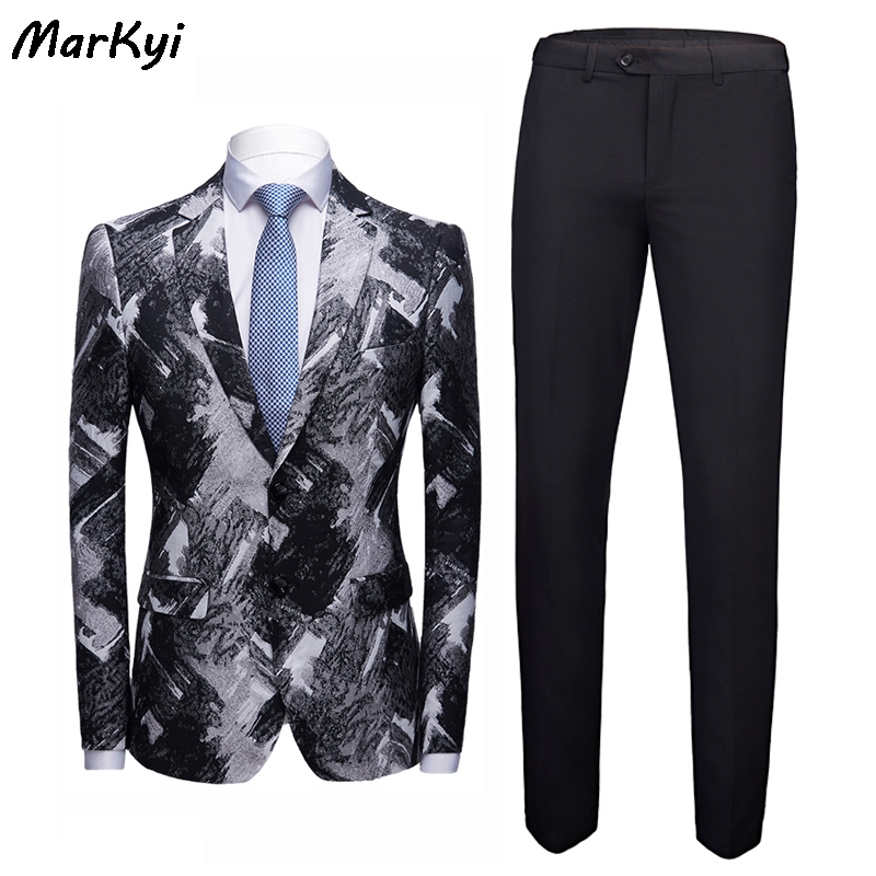 

MarKyi 2020 new arrival fashion print men wedding suit set plus size 4xl single breasted mens suits with pants slim fit, Black