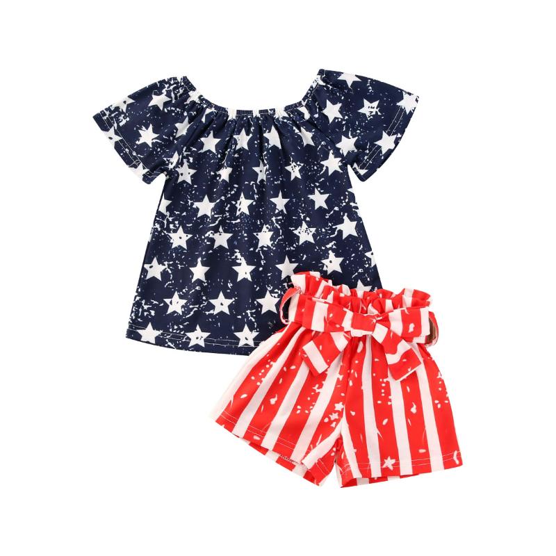 

Girls Short-sleeved Two Piece Set Fashion Flying Sleeve Boat Neckline Top Loose Waist Bandage Shorts, As pic