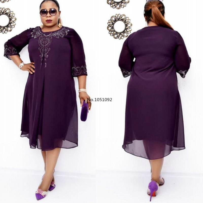

Fashion African Women Plus Size Midi Dress Autumn Summer Purple Casual Loose O-Neck Ladies Holiday Sexy Short Dresses Oversize