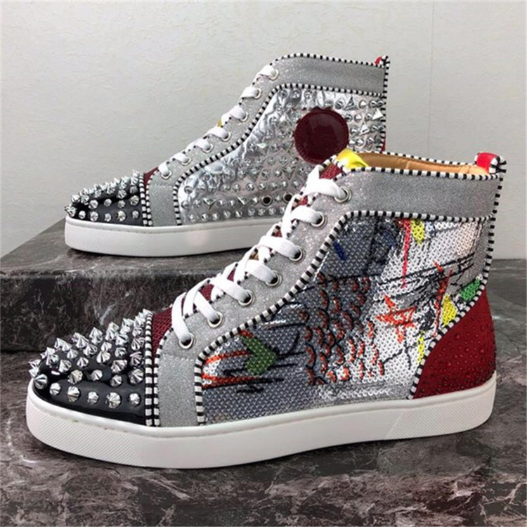 

2021 Men Women Casual Shoes Designer Red Bottom Studded Spikes Fashion Insider Sneakers Black White Leather High Boots size35-48, Lavender