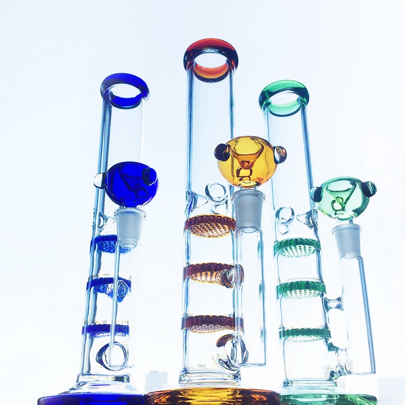 

10 Inch Hookahs Straight Neck Triple Colorful Comb Percolator With Bowl Oil Dab Rigs 14mm Female Flared Mouthpiece Water Glass Bongs