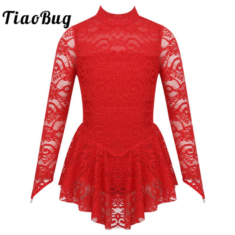 

TiaoBug Kids Girls Long Sleeves Floral Lace Gymnastics Leotard Ballet Figure Skating Dress Dance Wear Stage Performance Costume, Black