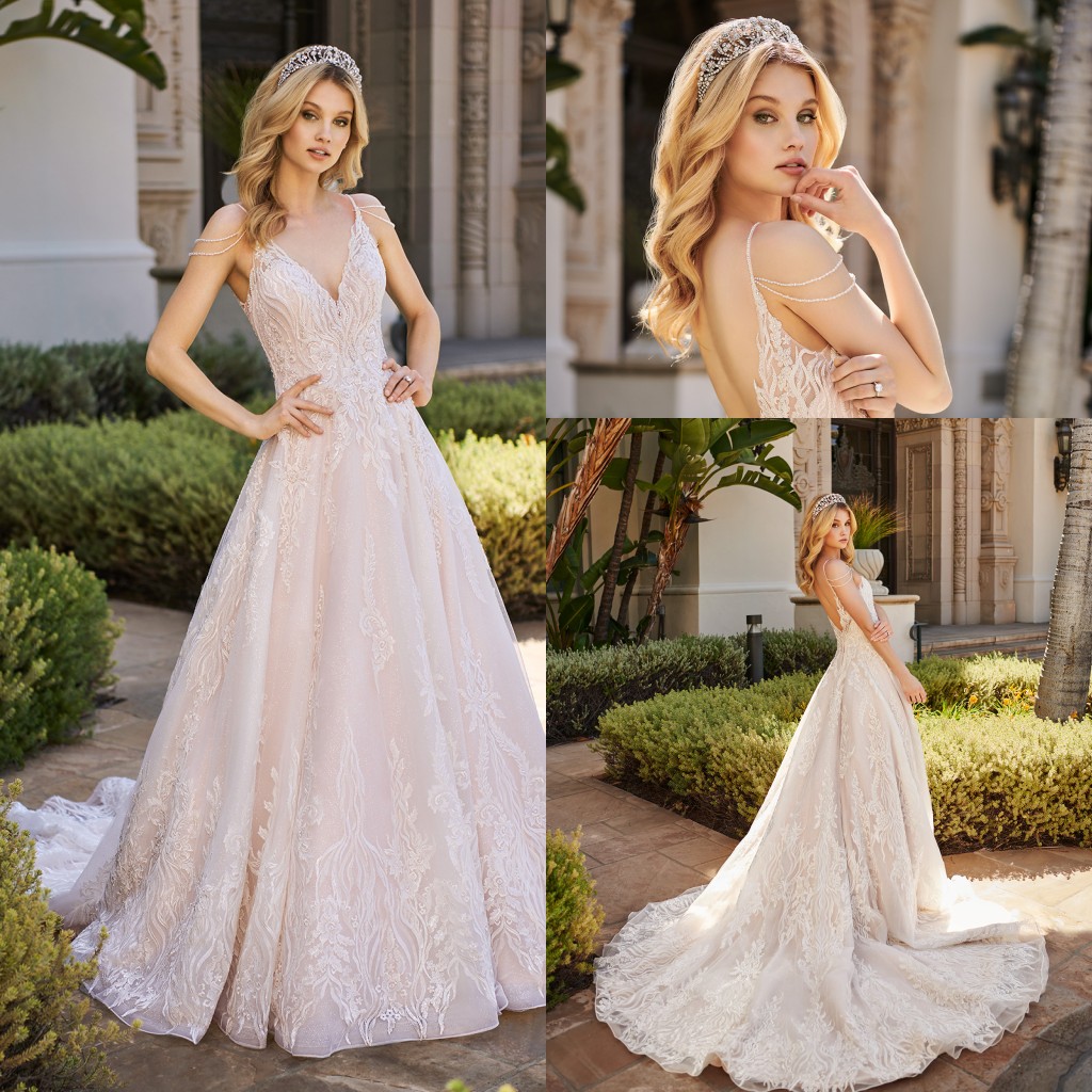 

2020 Wedding Dresses Spaghetti Straps Lace Appliques Beads Beach Bridal Gowns Custom Made Open Back Sweep Train A Line Wedding Dress, Pink