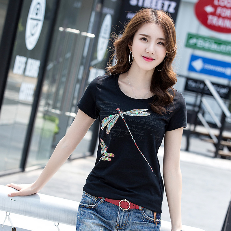 

High Quality Women's Sequined Graphic Tops Tees 100% Cotton Channel Business T-Shirt Office Lady Sexy Slim Plus Size Luxury 3D Tees Tops, White